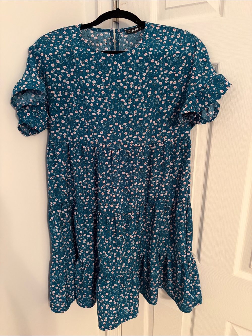SHEIN Teal Floral Tiered Short Sleeve Dress